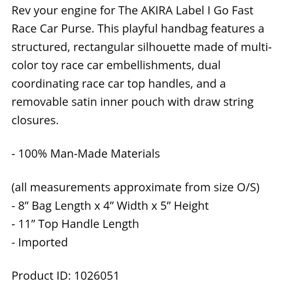 AKIRA Race Car Top-Handle Bag - Picture 4 of 4